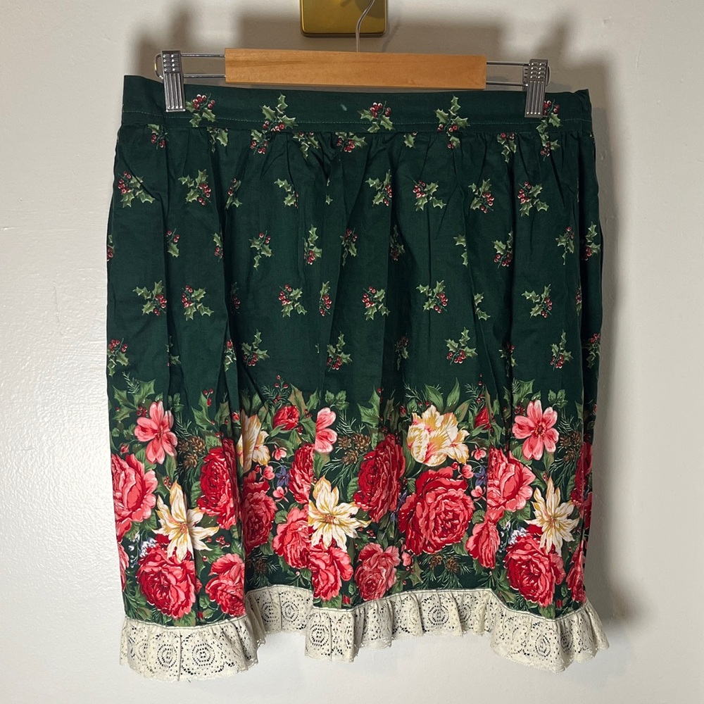 Holiday Holly 100% Cotton Vintage 1990s Floral Design Lace Hem Tie Waist Apron‎